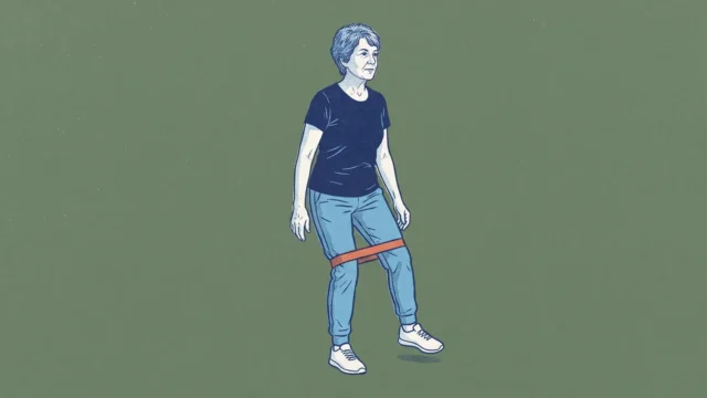 Vrouw stapt zijwaarts met een oefenband boven de knieën