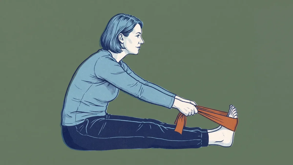 Vrouw zit op de vloer en reikt met een band naar haar voeten