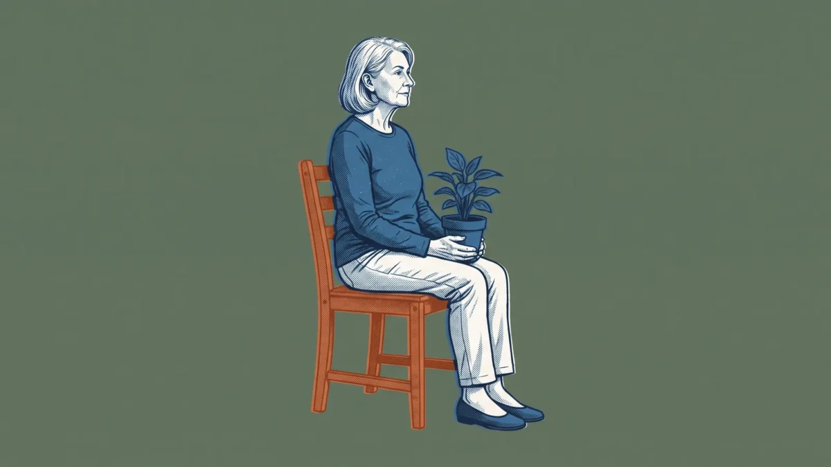 Oudere vrouw zit op een stoel met een plantje op haar schoot