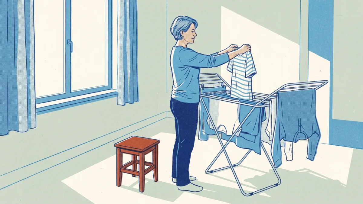 Vrouw hangt de was op aan een droogrek