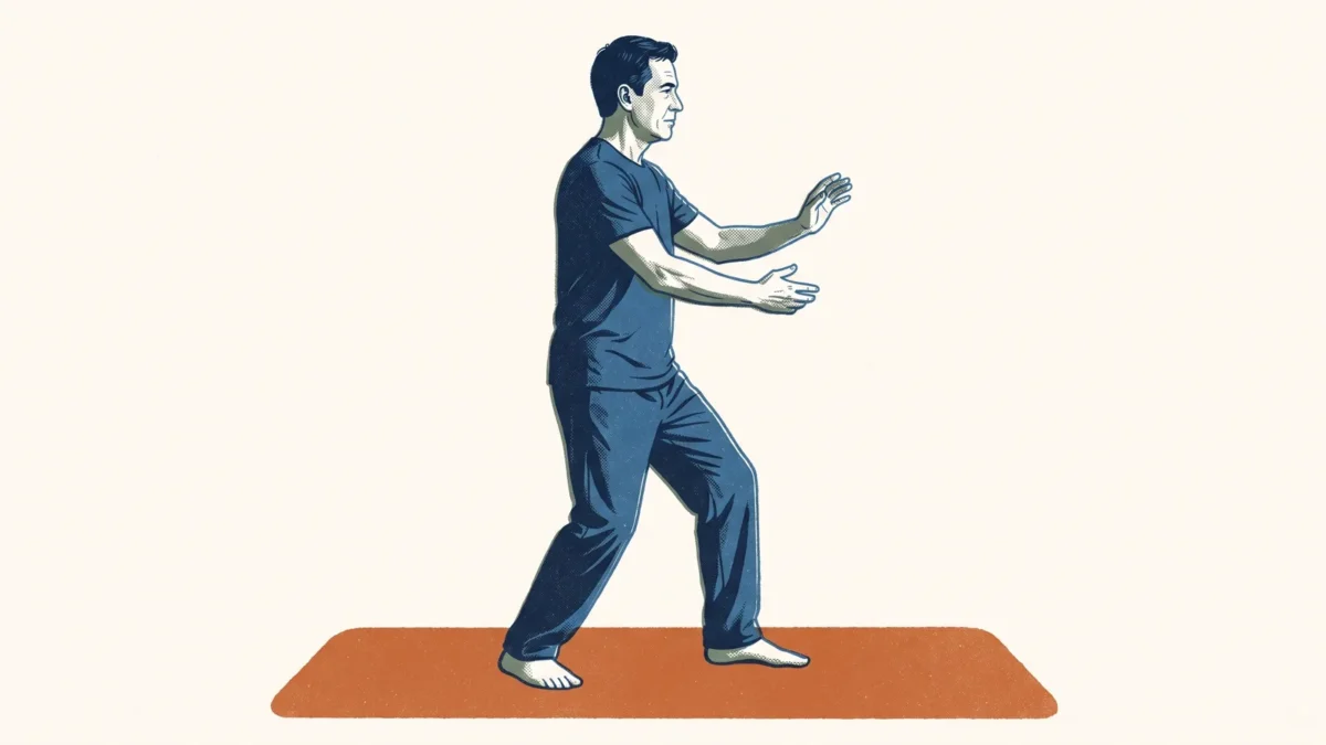 Man staat in een rustige tai-chi-houding op een mat